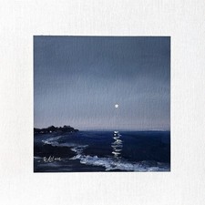 8x8 Maine Original Oil Painting Seascape Nocturne Ocean Moonlight Coastal Signed picture