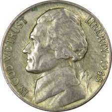 1945 P Jefferson Wartime Silver Nickel Circulated 5c Coin Collectible picture