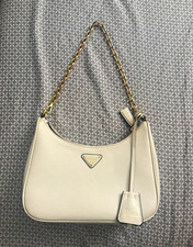 PRADA Women’s White Crescent Shoulder Bag Gold Chain Zip Triangle Logo Charm picture