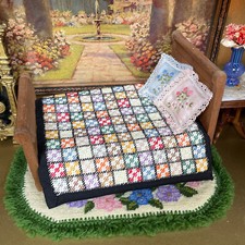 Vtg Artisan Petit Point Dollhouse Quilt or Rug Handmade Needlepoint Bed Blanket picture
