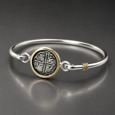 SPAIN COLONIAL PIRATE COIN .925 solid Sterling Silver BRACELET Bangle 7inch picture