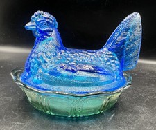 VTG Fenton Art Glass Hen on Nest 5.5” Blue Green Marriage picture