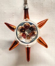 Vintage Atomic Sputnik Glass Christmas Ornament Starburst w Indent Orange Silver picture