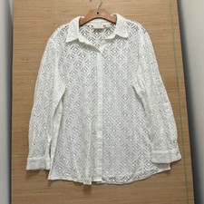 Chico's White Geometric Eyelet Lace Button Front Blouse Size 3 XL Long Sleeve picture