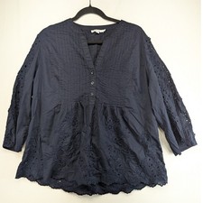 Chico's Navy Blue Eyelet Embroidered Pintuck Babydoll Blouse Top Size 14 picture