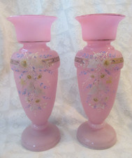 Pair~Antique Victorian Pink Satin Bristol Glass Vases~Delicate Enamel Decoration picture