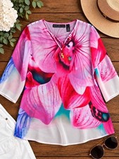 Black Label by Chico’s Floral Sheer Tunic Blouse Size 2 Pink Watercolor 3/4 Slee picture