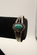 Vintage Sterling Silver Native American Fred Harvey Cuff Bracelet Green Turquois picture