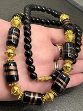 VTG Black Venetian Art Glass Glitter Bead Necklace Statement Gold Tone 24” picture