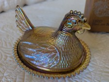 Vintage Indiana Glass Iridescent Gold Carival Hen on Nest w/ Original Box  #1260 picture