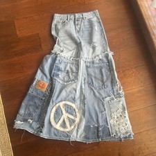 Artsy Upcycled Sz S Denim Hippie Maxi Skirt Patchwork Pearl Woodstock 10 Pockets picture