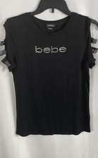 bebe Women's Shirt Jet Black Rhinestone Logo Cutout Shoulder NWT Sz L picture
