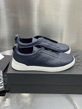 Men's Zegna Triple Stitch Navy Leather Slip On Casual Sneakers picture