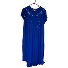 Anthony Richards Nightgown Womens 1X Royal Blue Cotton Embroidered Pintuck Gown picture