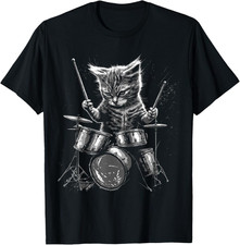 Cute Skeleton Cat Drumming T-Shirt Halloween Musician Cotton Graphic Tee picture