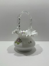 Fenton Milk Glass Basket Hand Painted Violets Ruffled Clear Handle picture