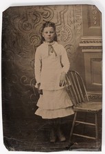 Antique Sixth Plate Tintype Young Girl White Layered Dress Wooden Chair Studio picture