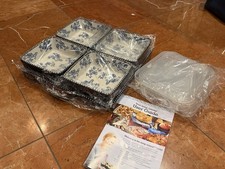 Temptations Blue Floral Lace PLATTER SET 4 16 OZ SQUARE BOWLS & LIDS LOT NEW picture