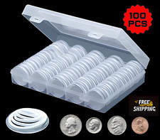 100 PCS 30MM Clear Round Coin Capsules Plastic Coin Holders White Gaskets Box US picture