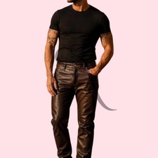 Men's Causal Brown Leather Classic Dress Pant Genuine Lambskin Leather Pant picture