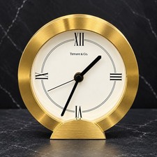 Vtg. Tiffany & Co Swiss Quartz Desk Clock Gold Tone Roman Numerals W Box picture