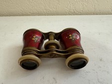 Antique Likely French Opera Glasses Binoculars w/ Red Enamel & Floral Decoration picture