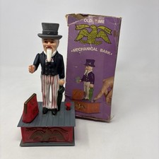 Vtg 1975 Plastic Reproduction Old Time Uncle Sam Mechanical Bank, Original Box picture