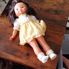 Vintage 1978 Fisher-Price Doll Yellow Gingham Dress Brown Hair  Socks & 1 Shoe. picture