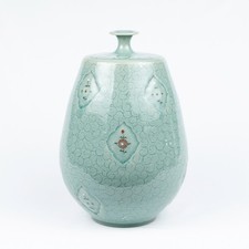 Large Korean Celadon Flower Vase with Inlaid Chrysanthemum and Arabesque Design picture