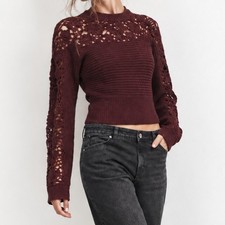 Zara burgandy maroon wool blend floral crochet knitted jumper size L picture