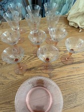 17pc Vintage Morgantown Queen Louise Pink Stemware & Fostoria Versailles Plates picture