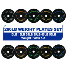 Olympic Bumper Plate Weight Lifting Set 260 Lbs Set Steel Hub Black Home Gym picture