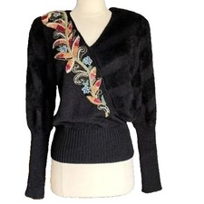 Vtg  Black Beaded V-neck Sweater Juliet Sleeve Shoulder Pads S picture