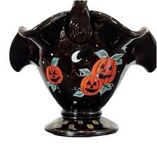 Black Fenton Painted Fall Autumn Halloween Glass Basket Twisted Handle Fluted picture