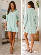 AVARA Mint Green White Stripe Ruffle Hem Shirt Dress Size M NWT Coastal Preppy picture