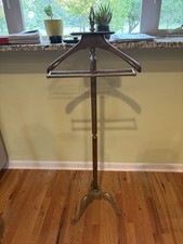 MCM Italian Vintage Wood & Brass Valet Suit Stand w/ Hanger & Bar, Brown/Gold picture