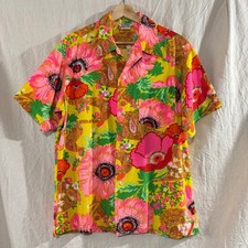 Vintage 60s Pomare Hawaii Aloha Shirt Neon Psychedelic Floral Barkcloth Large picture