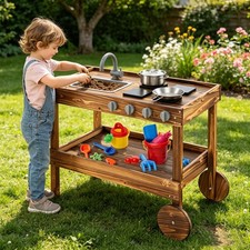 Honey Joy HJ-2310-CA Mud Kitchen with Wheels Fir Wood Outdoor Play Kitchen picture