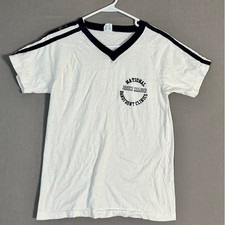 Vintage Champion Ringer Tee Raglan Sleeve V Neck M Cotton White Navy 80s GOOD picture