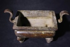 Qing Chinese Bronze Square Incense Censer Chaoguan Ear 清朝冠耳四方兽炉Certified Antique picture