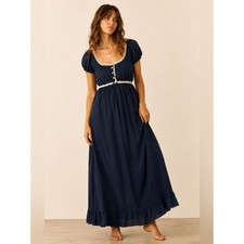 Vintage 70s Formfit Rogers Navy Blue Nylon Nightgown Lace Empire Waist Large picture