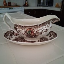 Johnson Brothers His Majesty  Gravy Boat & Underplate EUC Wild Turkey 8 1/8”L picture