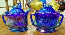 Westmoreland Carnival Glass Blue Swans Covered Sugar Bowl & Creamer picture
