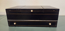 Vintage Black Faux Leather Jewelry Box, Pearl Accents, Red Velvet Lined picture