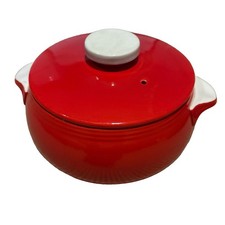 Vintage Hall Pottery Chinese Red Covered Casserole Bean Pot White Handles 1940s picture