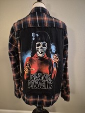 Upcycled Black Magic Mirror HORROR FLANNEL Mens Medium Skeleton Halloween  picture