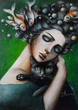 Original Acrylic Painting woman & black cat love Surrealism Art A4 OOAK picture