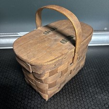 Vintage Peterboro Picnic Basket Split Oak New England USA Small Lift Lid Woven picture