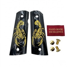 1911 Full Size Grips Black Pearl Acrylic Gold Scorpion Engraved with Gold Screws picture