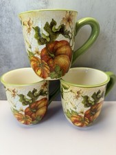 Pier 1 Imports Harvest Garden Mugs 16 oz Fall Art Pumpkin SET OF 3 Thanksgiving picture